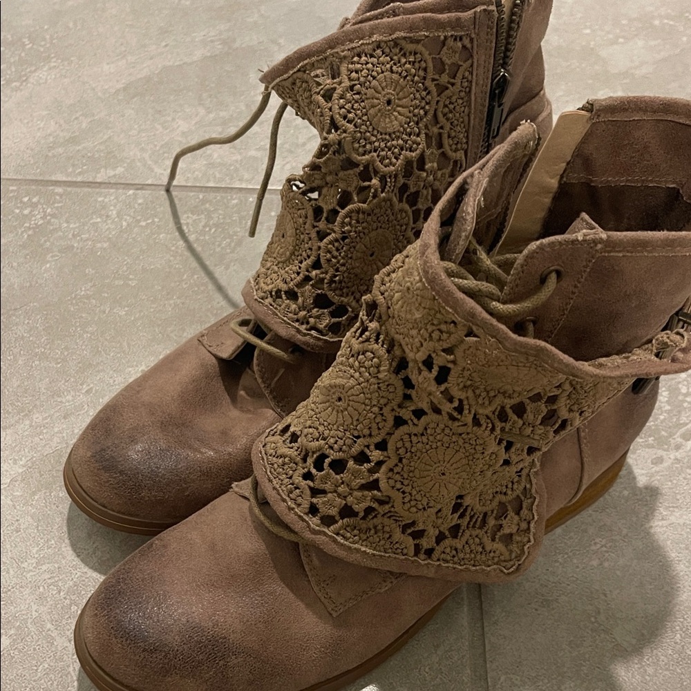 Not Rated Taupe Lace-Up Boots with Crochet Detail